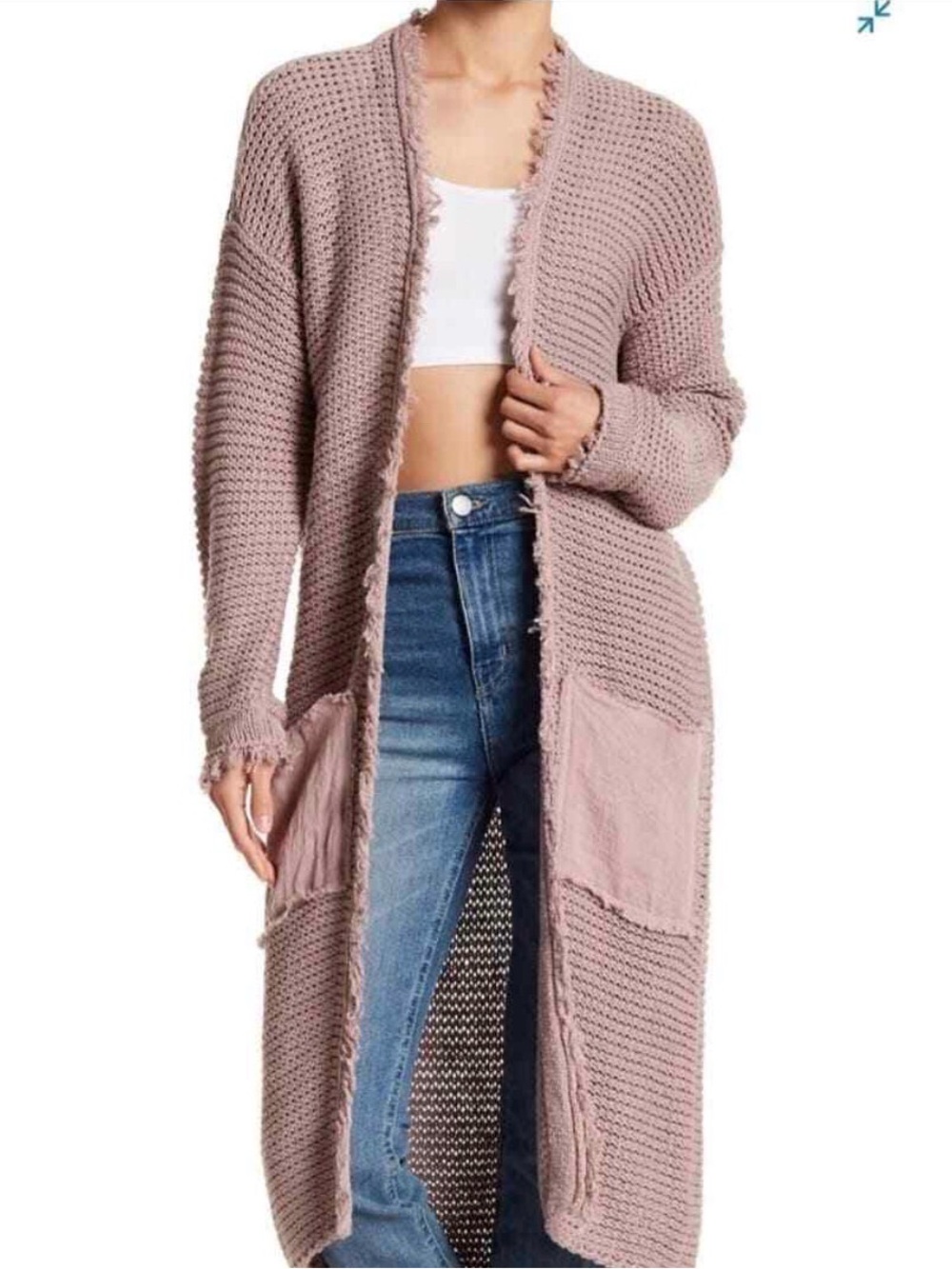 Free People Long Frayed-Edge Open Cardigan in Dusty Pink